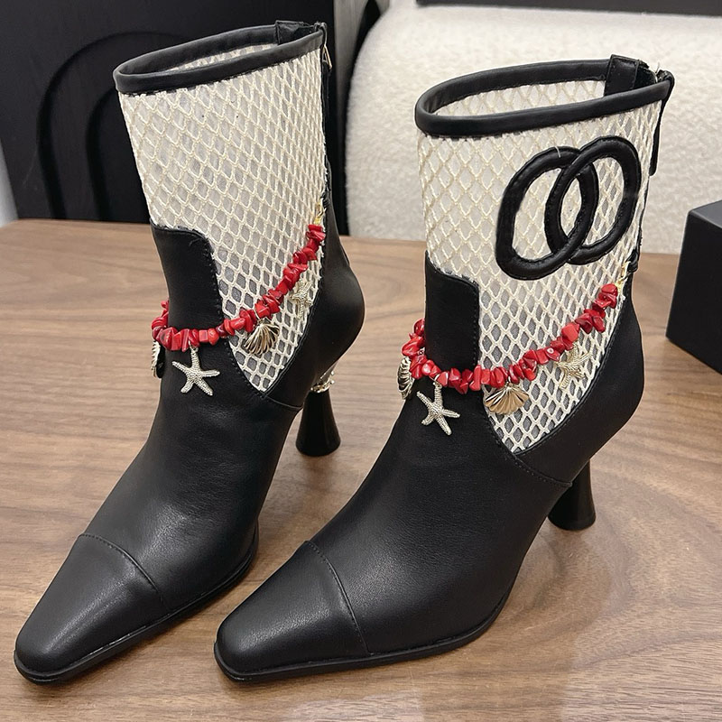 Mesh Short Boots Designer Womens Coco Beach 2026 Collection Square Toe Slim Heel Boots Starfish Shell Bead Breathable Hollow Summer Hot Girl Wind Ba