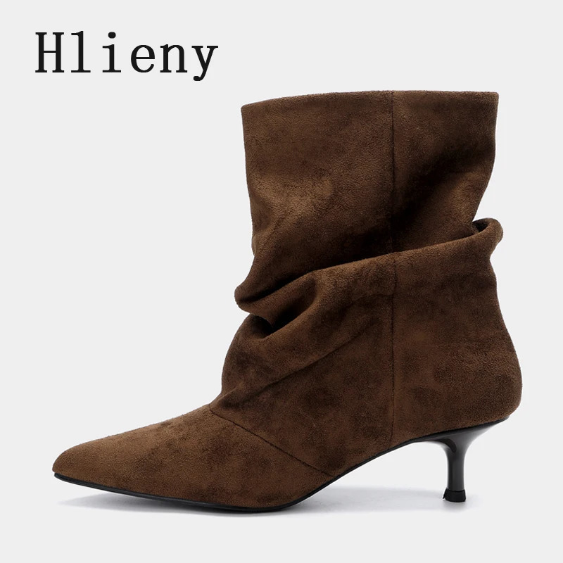 Liyke Winter Pleated Suede Women Shoes Pointed Toe Low Thin Heels Female Brown Retro Elegant er Ankle Boots Bottes Femme 260727