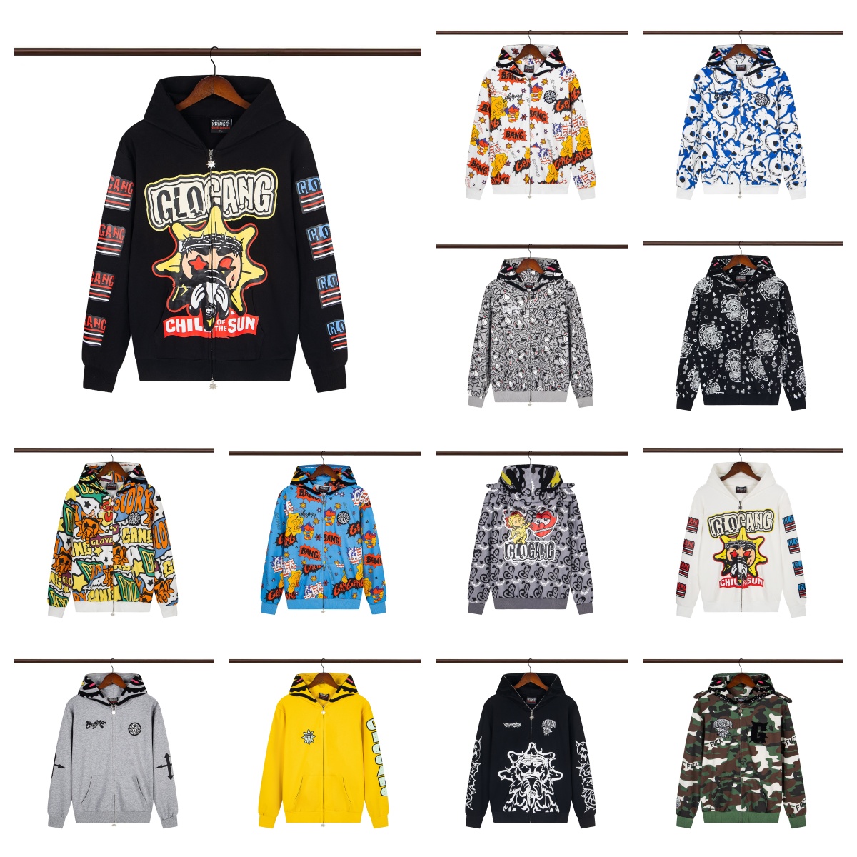 Men's Hoodies shirts Glo Gangs The Glory Full Zip designer Hoodie High Street 3D Printed Men Women Drink Cartoon Y2K Hoody Sweatshirts Long Sle