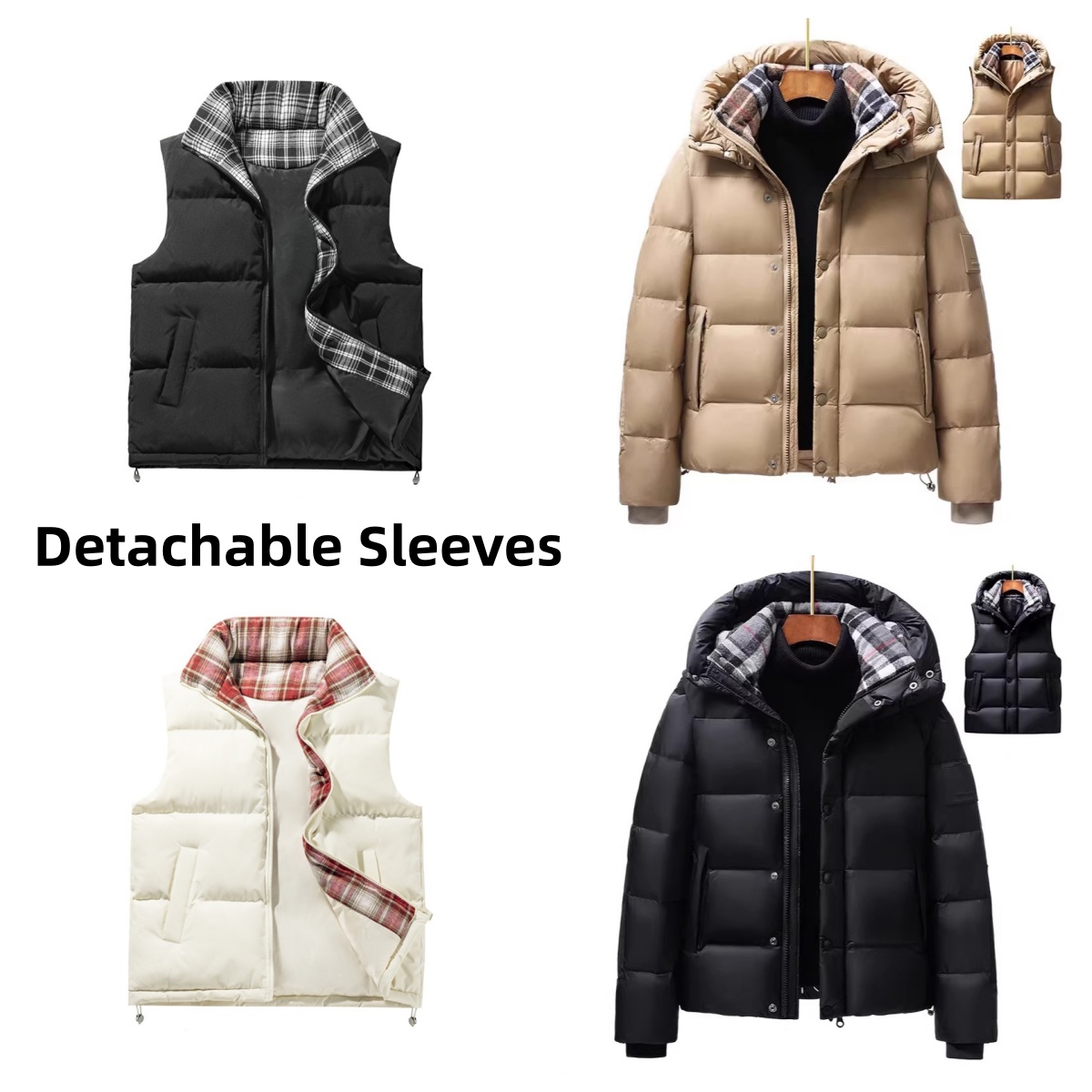 Men's Coats Winter New Down Jacket, Detachable Sleeves Convertible Vest, Outdoor Warm Hooded Casual Coat unisex