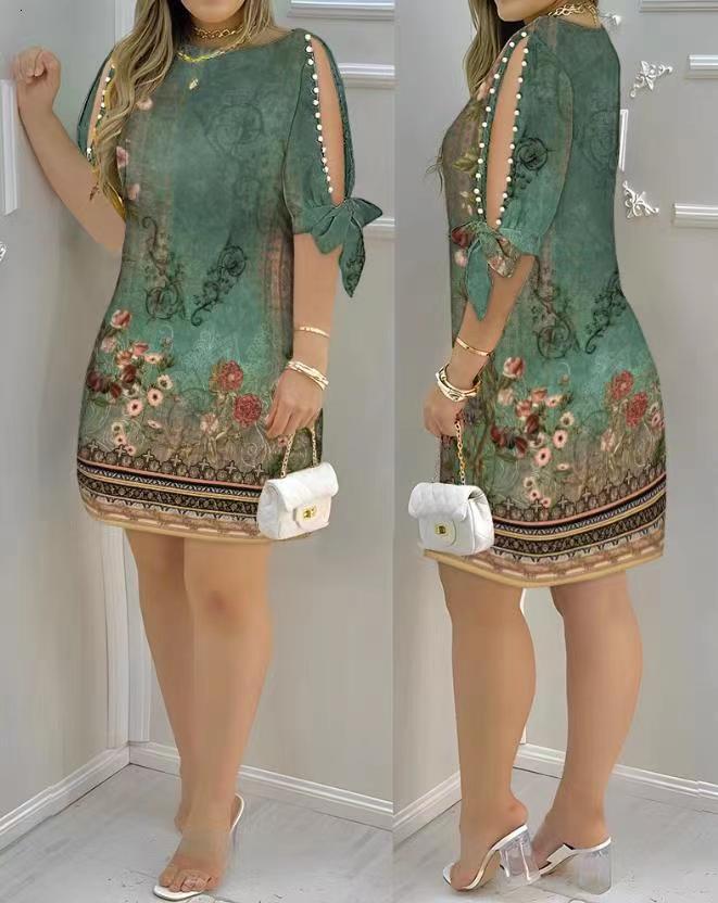 2023 Vêtements d'été pour femmes européennes et américaines Style ethnique rétro chinois ample décontracté col rond imprimé robe pull AAA +