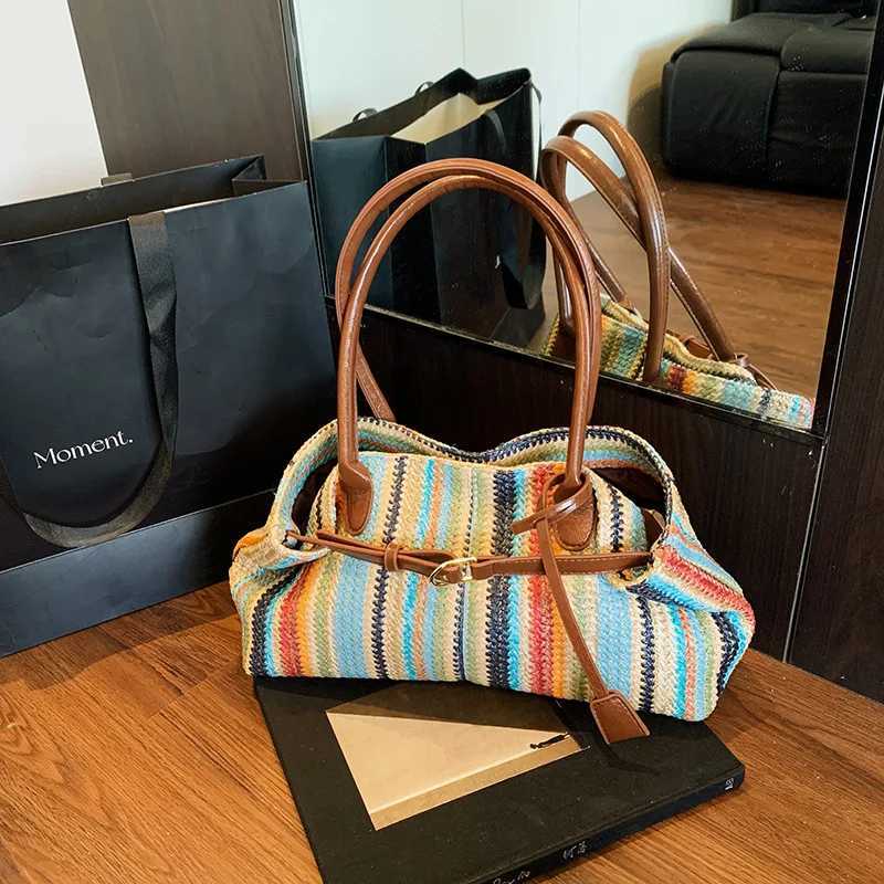 Large capacity rainbow woven tote womens new versatile commuting beach shoulder bag X260728