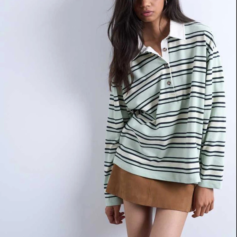 Combhasaki Women Oversized Rugby Sweatshirt Vintage Striped Long Sleeve Collared T Shirt Y2k Drop Shoulder Preppy Polo Pullovers 260725BJ
