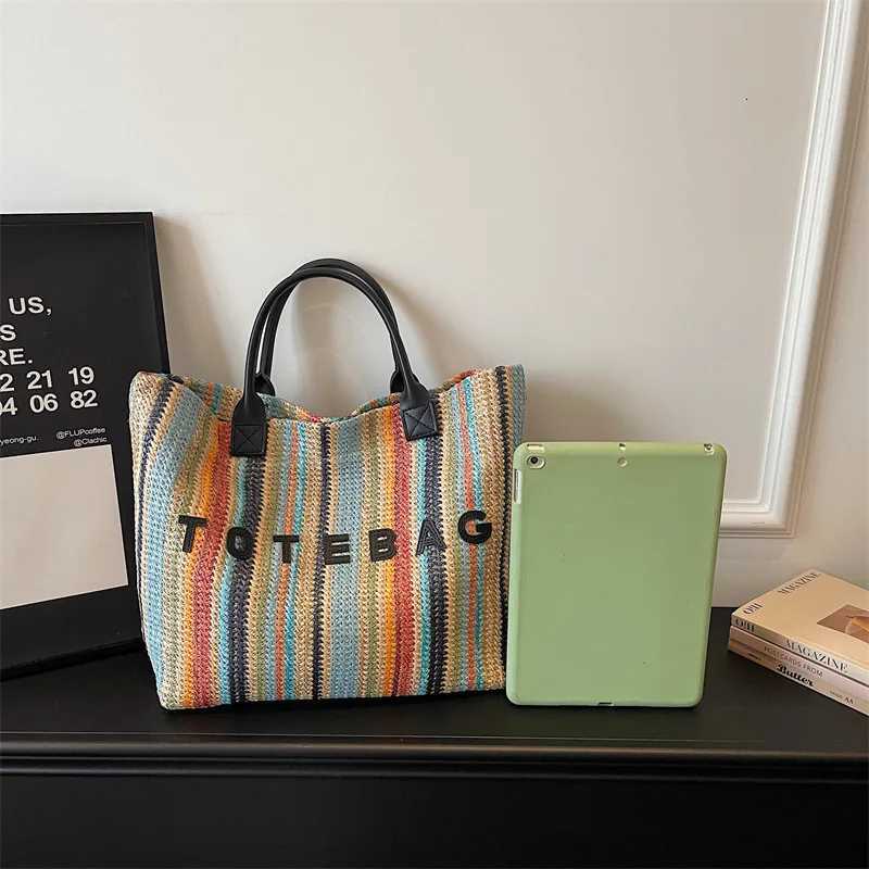 New Rainbow Striped Letter Tote Large Capacity Fashionable and Versatile Handbag for Women Vacation Commuting Bags X260728