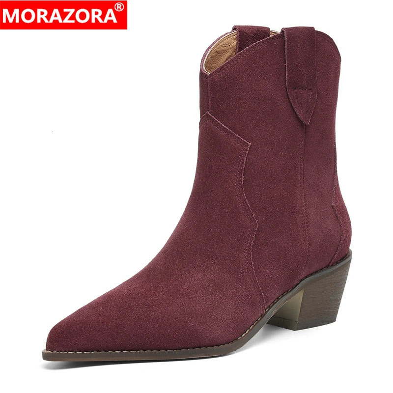 MORAZORA Size 34-44 Cow Suede Leather Western Boots Women Autumn Winter Cowboy Boots Handmade Ankle Boots For Women Shoes 260727