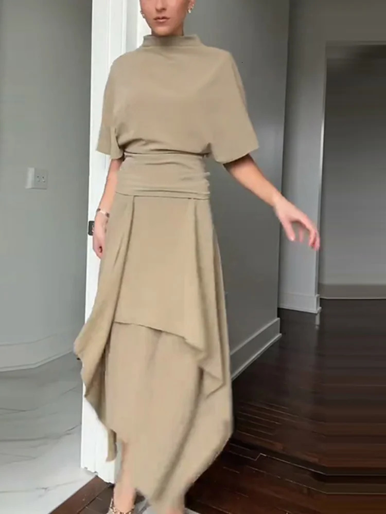 Solid Womens Two Piece Suit High Collar Short Sleeve Top A line Draped Irregular Long Skirt 2026 Summer Lady Causal Outfits 260727