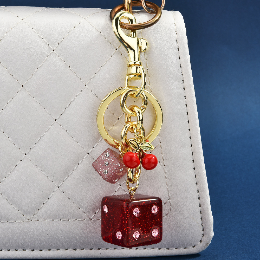 Cherry Dice Rhinestone Keychain Women Designer Cute 2026 Designer Resin Bag 2026 Charm Metal Lobster Clasp Fashion Daily Accessory Pendant