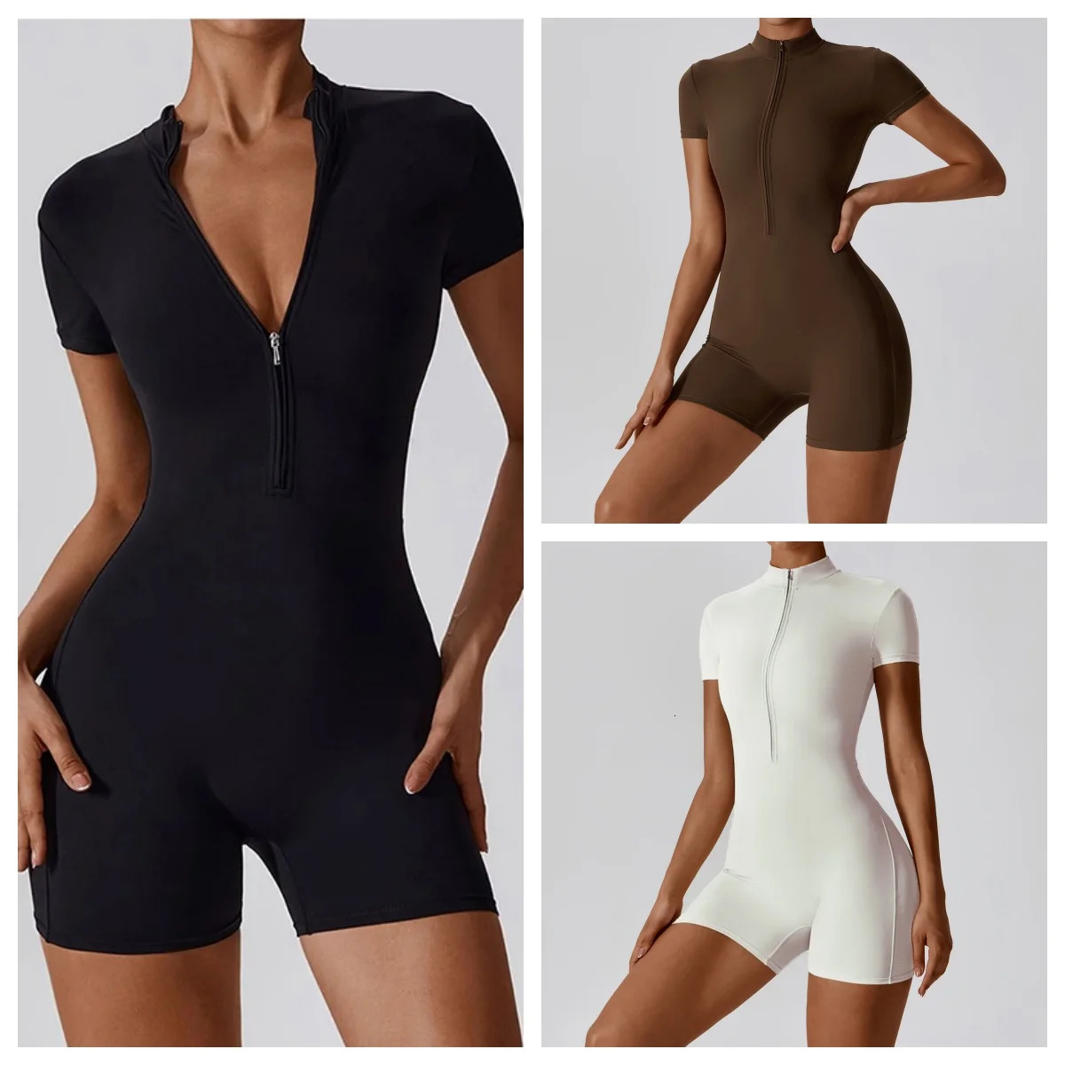 Womens Zipper Short-Sleeve Yoga Jumpsuit - Quick-Dry Breathable Tight Fitness Onesie for Gym Running Sportswear 260727BJ