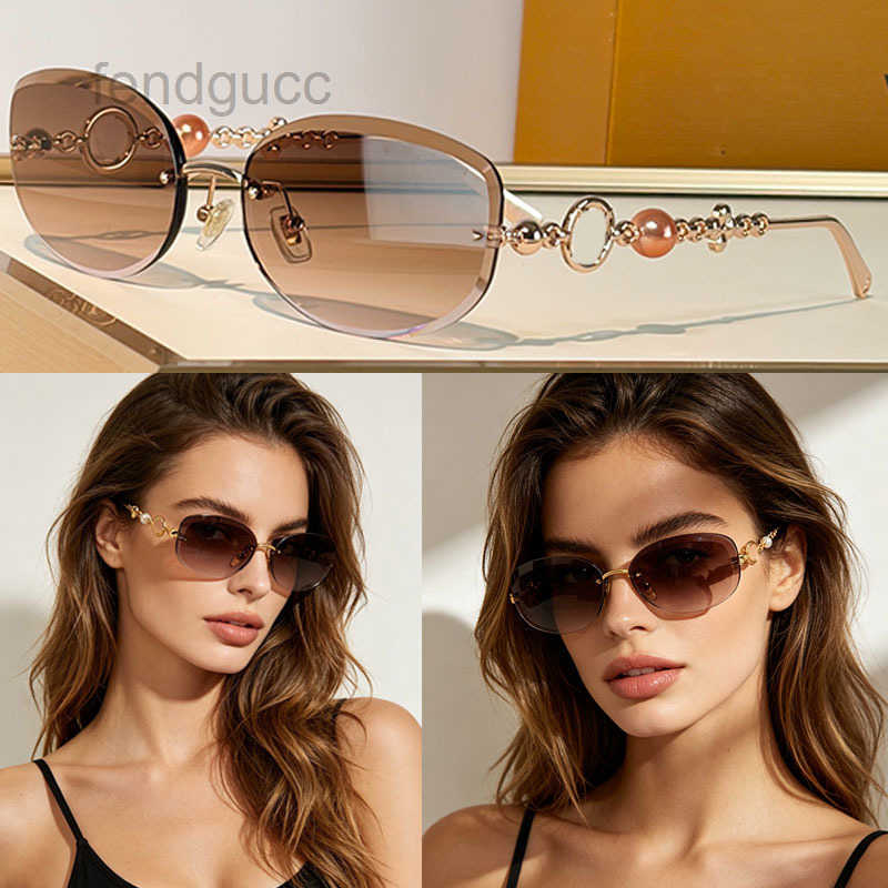 26ss New Jewel Pearl Oval Sunglasses Fashion Frameless Glasses Rose Metal Design Pearl Legs Z3166 Summer Beach Party Brown Gradient Lens UV400 Prote