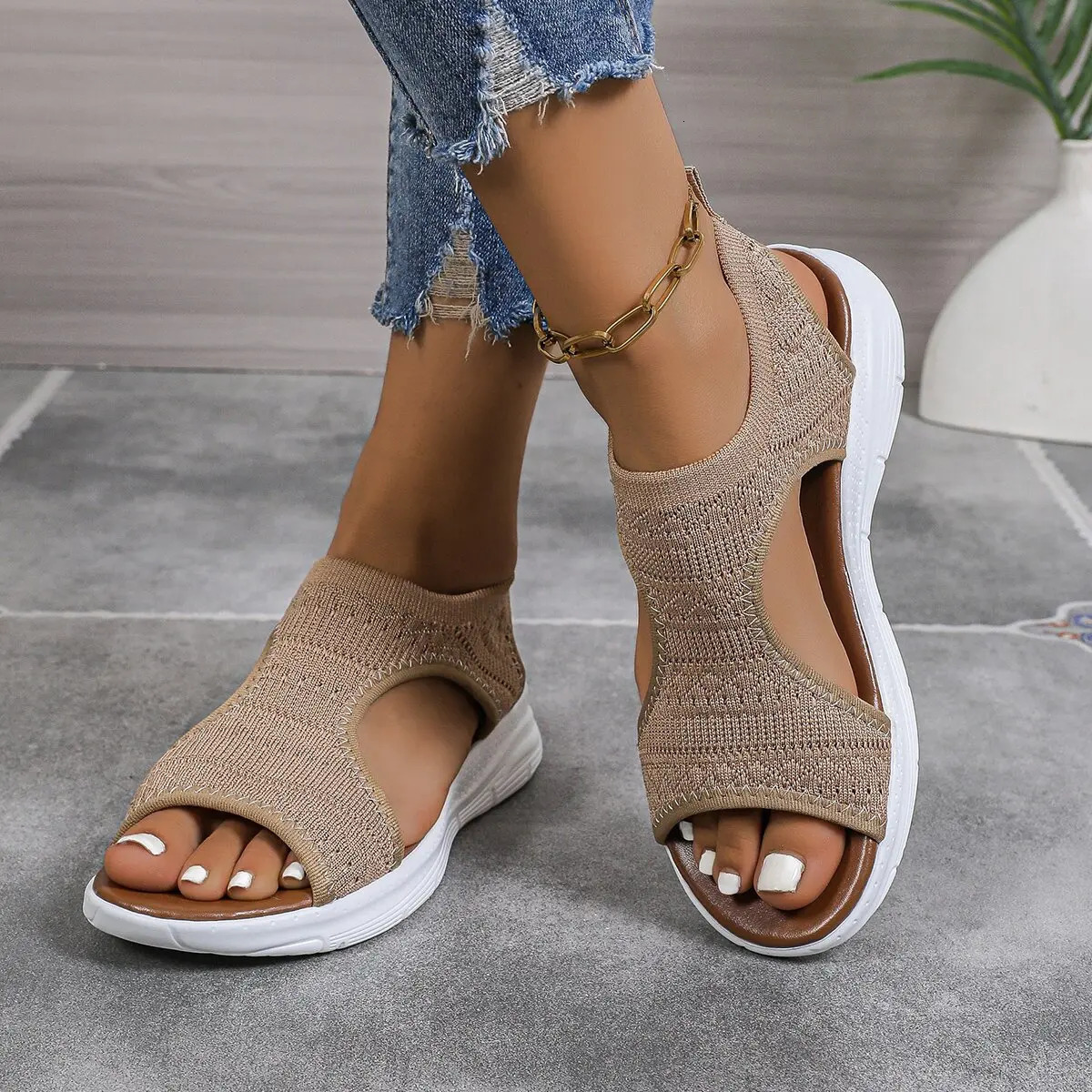 Fashionable Style Elegant Mesh Wedge Heel Sandals Summer Round Toe Comfortable Anti Slip Fish Mouth Casual Sandals 260727
