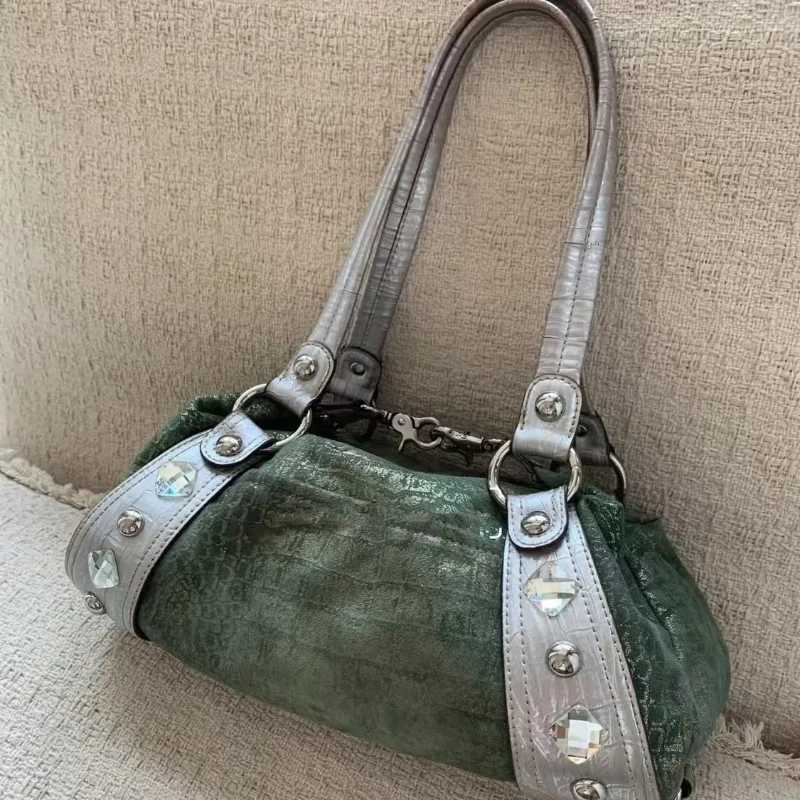 Y2k Punk Style Shoulder Vintage Patchwork Large capacity Underarm Bag Rivet Diamond Decor Womens Fashion Commuter Handbag X260728