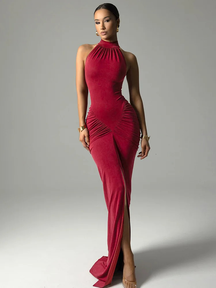TARUXY Sleeveless Halter Ruched Maxi Dress For Women Sexy Slit Solid Bodycon Dress High Street Female Evening Party Long Dress 260728