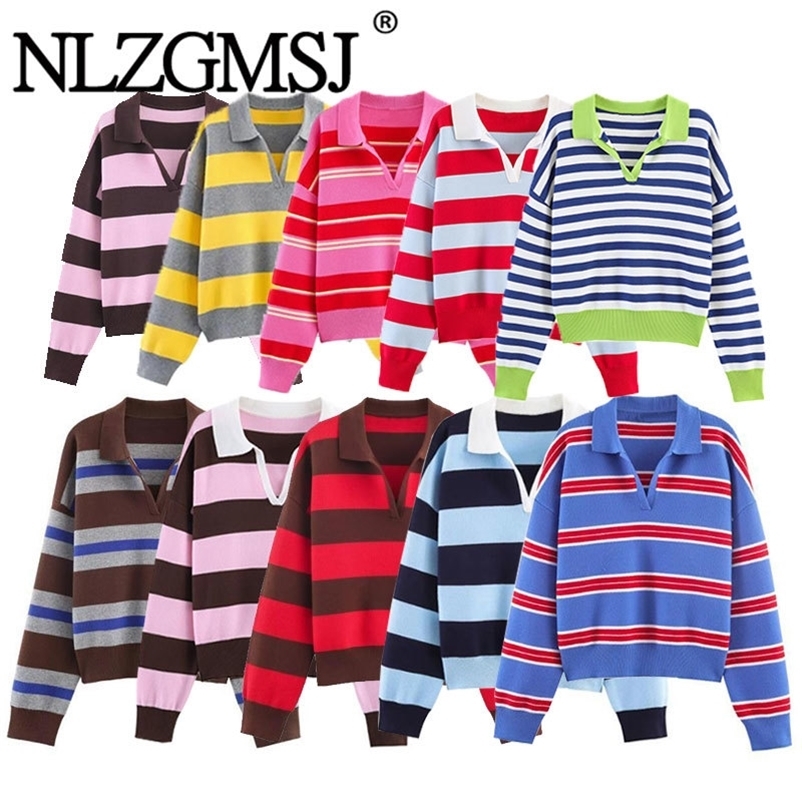 Nlzgmsj Autumn High Street Chic Women Striped Knitted Sweaters Women Full Sleeve Vintage Style Tops 260723CJ