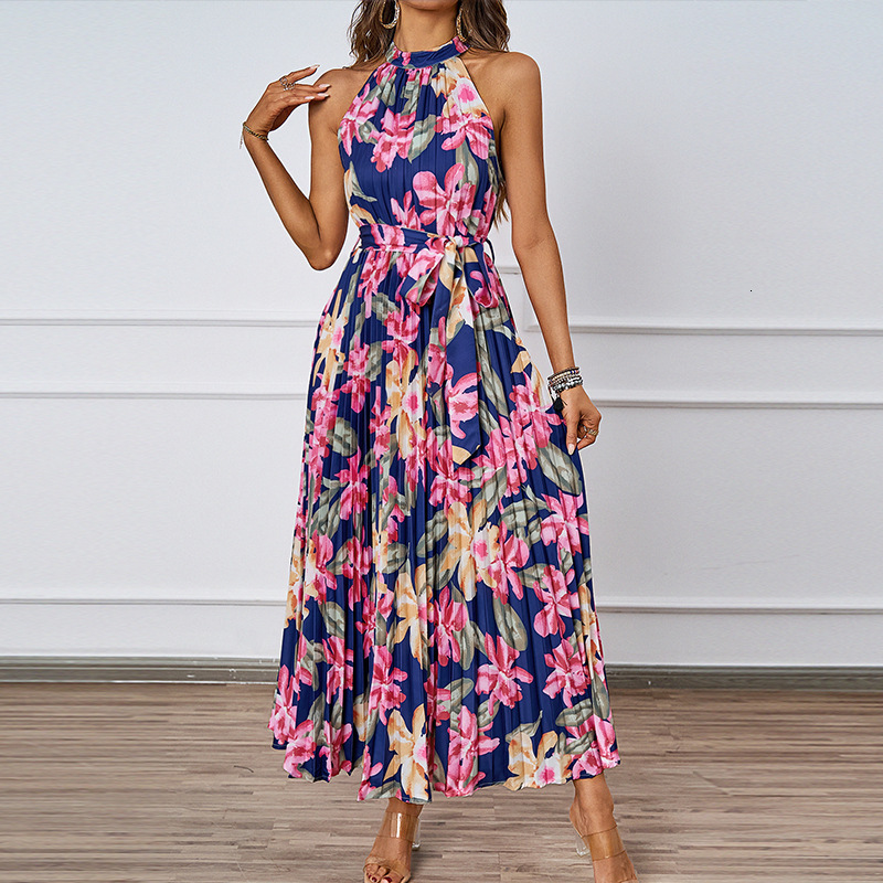 site été nouveau style européen et américain élégant licou cou taille cintrée grand ourlet robe imprimée pour les femmes AAA +