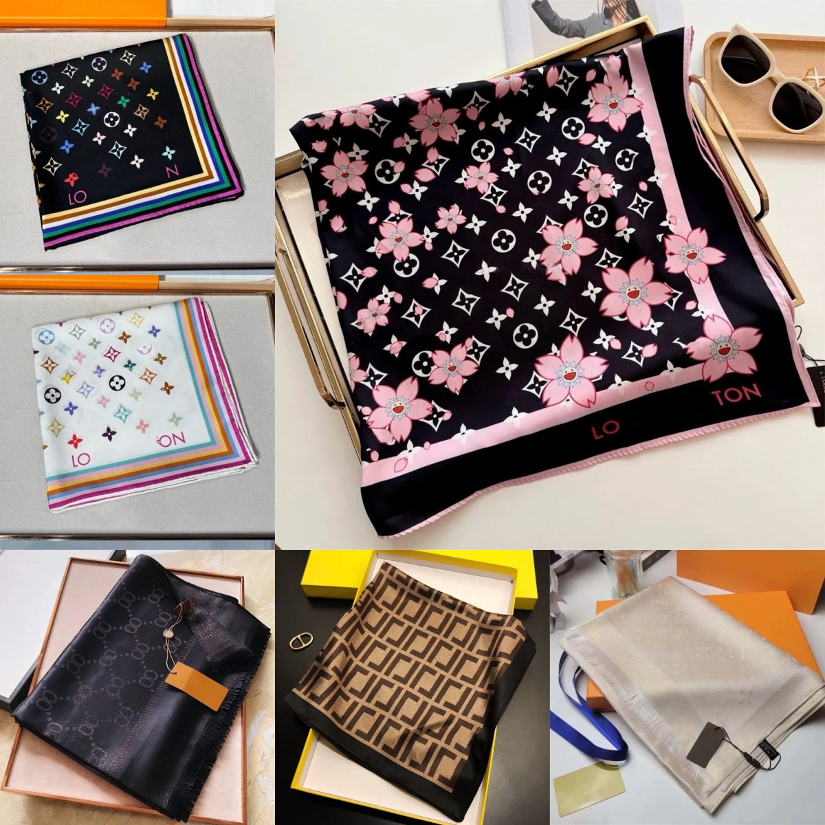 Luxury Designer Square Silk All Over Letter Print Smooth Skin touch Fabric Autumn Winter Fashion Accessories Women Neck Scarf With Gift Box