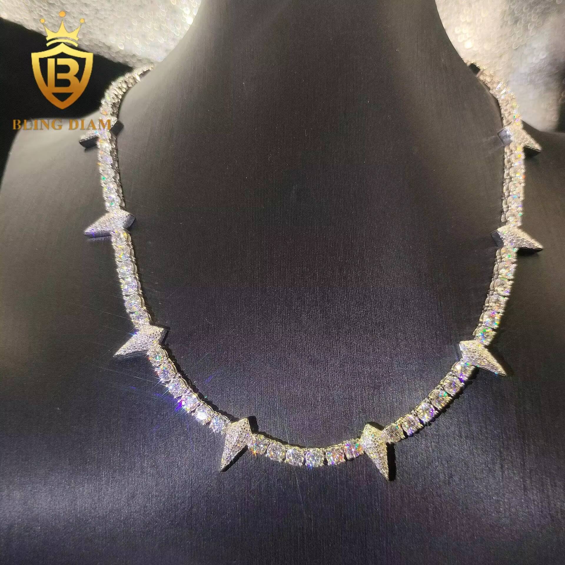 New Design 925 Silver 4MM Moissanite Tennis Chain Round Brilliant Cut Iced Out Jewelry Spiked Tennis Necklace for Men Women GRA