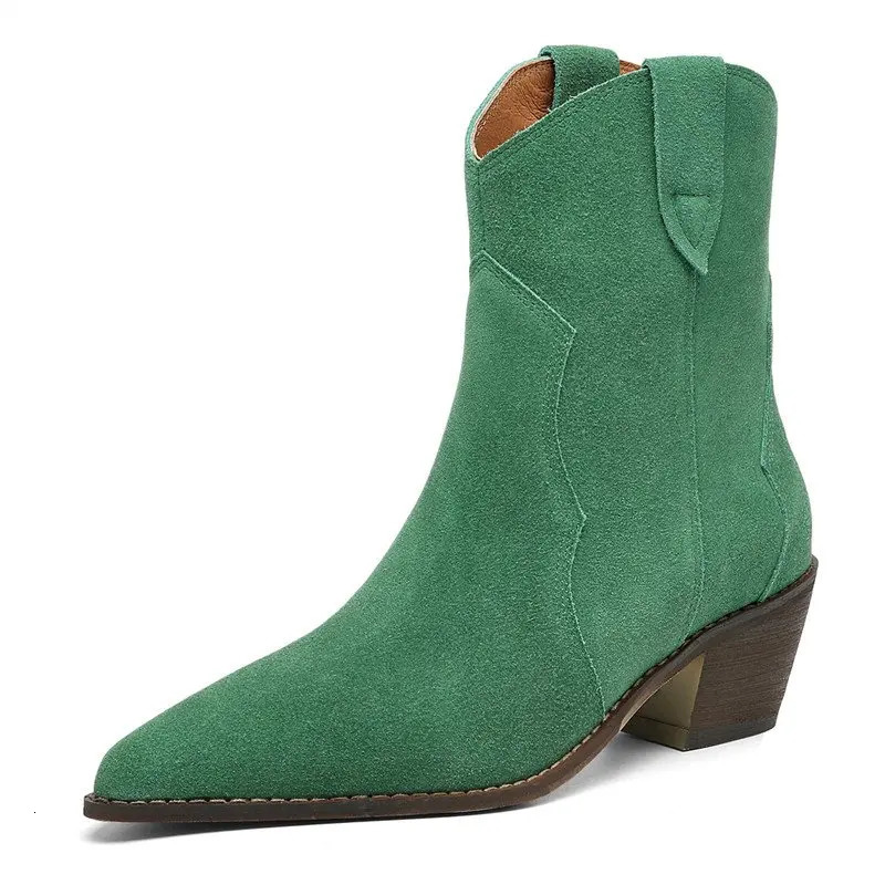 MORAZORA 2026 Cow Suede Leather Western Boots Women Pointed Toe Slip On Cowboy Boots Handmade Ankle Boots For Women Shoes 260727