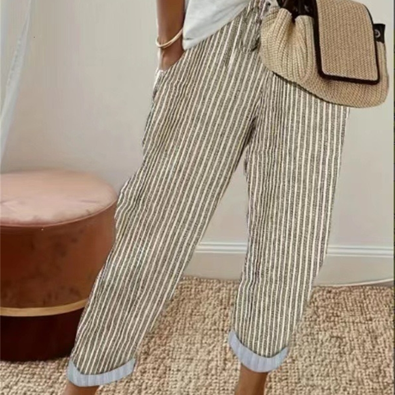European and American Cross border Womens Summer Fashionable Loose Stripe Printed Elastic Waist Drawstring Casual Pants 260723CJ