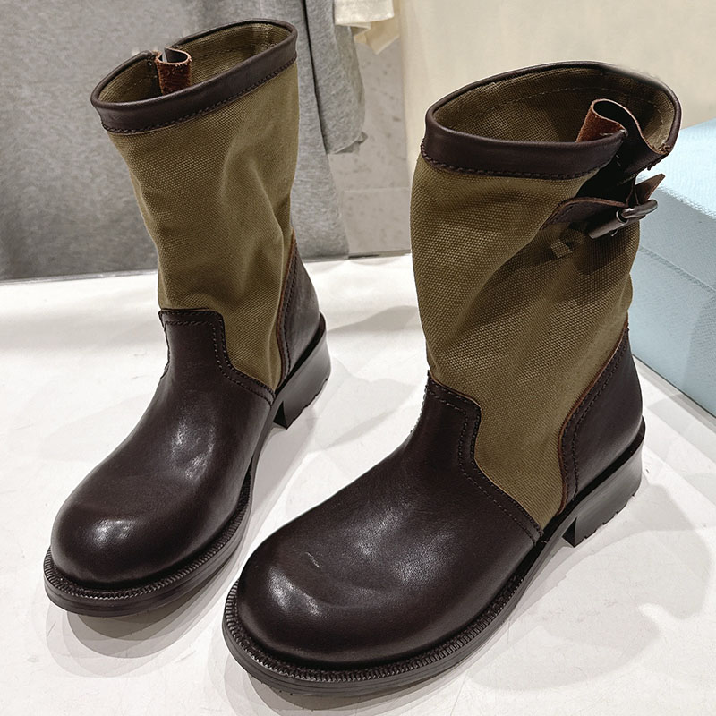 Leather Mid Calf Boots Designer Womens Patchwork Midsole Boots Round Toe Western Midsole Boots Canvas Cowhide Side Buckle Workwear Style