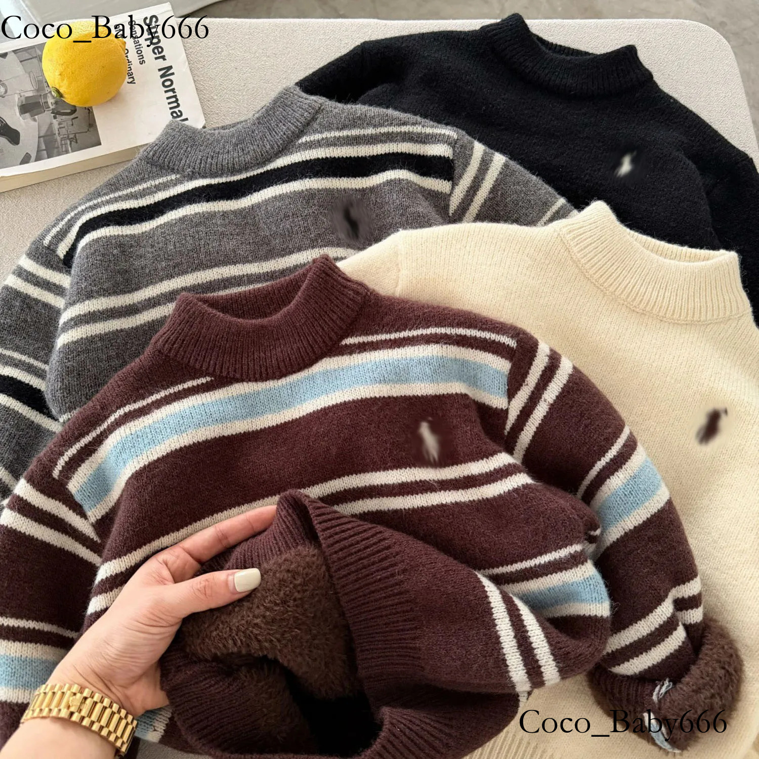 Designer Boys Fleece Lined Sweater 2026 New Winter Fall Striped Embroidery Knit Pullover Toddler Baby Little Boy Trendy Brand