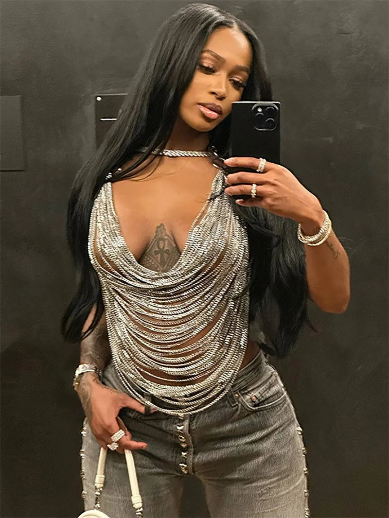 Women Metal Chain Tassel Tank Top Sexy Deep V Neck Backless Hollow Out See Through Crop Top Body Chain Party Club Camisole 260727BJ