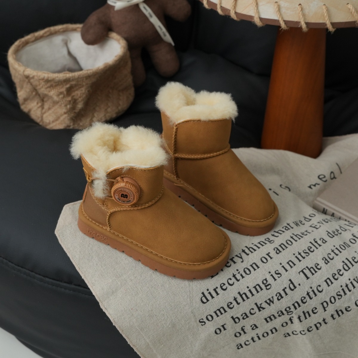 2026 Kids Waterproof Leather High top Snow Boots Thickened for Winter Boys Girls