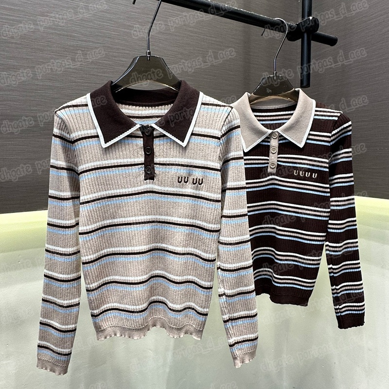 Preppy Striped Knitted Tops Designer Women Long Sleeve Knit Polo Tops Spring Autumn Daily Casual Slim Fit Jumpers Knitwear