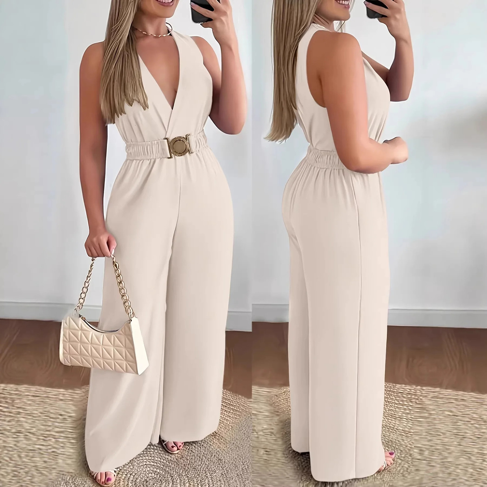Jumpsuits women 2026 rompers SpringSummer Deep V-neck sleeveless sexy jumpsuit wide-leg slim fashion jumpsuits womens clothing 260727BJ