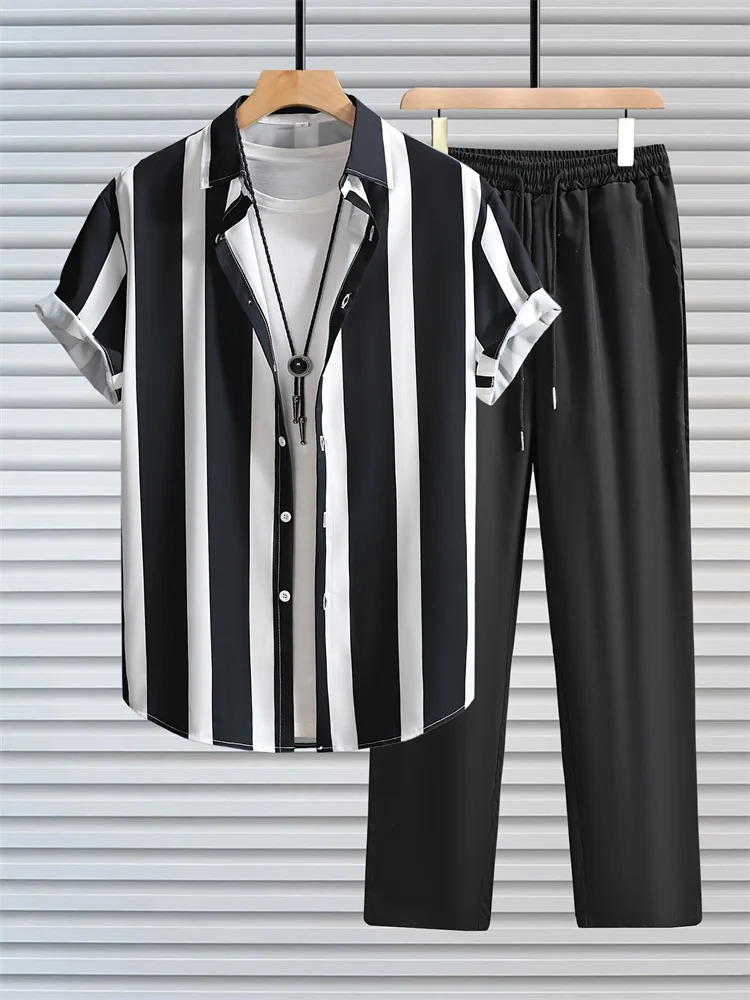 Autumn Simple Striped 3D Printed Mens Casual Shirt 2pcs Set Urban Street Fashion Loose Mens Top And Trousers S-2XL 260727BJ
