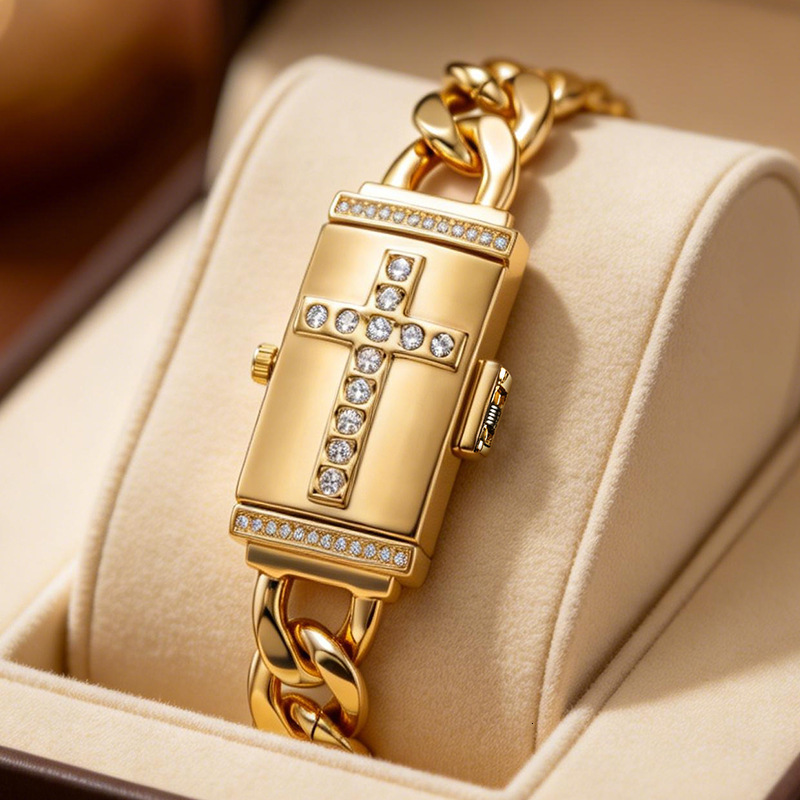 2026 Hot Women Flip Cross Quartz Watch, Rhinestone Inlay, Rectangle Hidden Dial, Gold Thick Chain Bracelet Watch, Luxury Christian Gift For Party Da