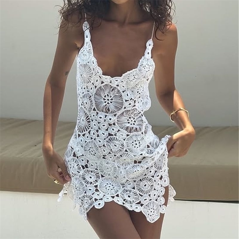 Combhasaki Women Summer Boho Knitted Crochet Halter Neck Swimsuit Coverups VNeck Hollow Out Irregular Hem Short Mini Beach Dress 260727