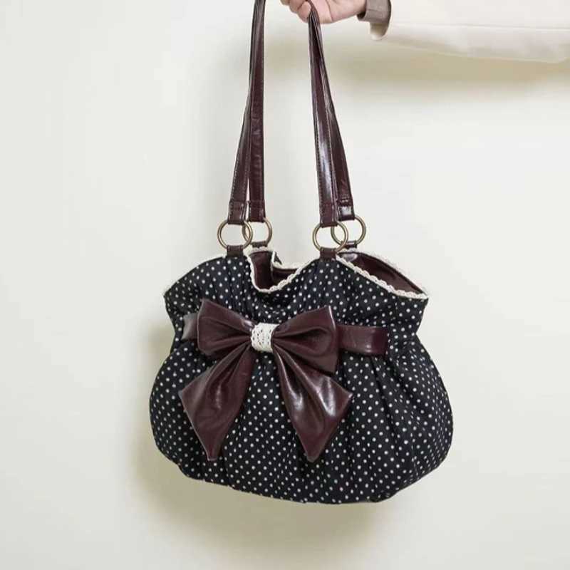 Chic Polka Tote Casual Commuting Vintage Women Handbags Shoulder Versatile Large Capacity Dot Design Bow Sweet Bag X260728