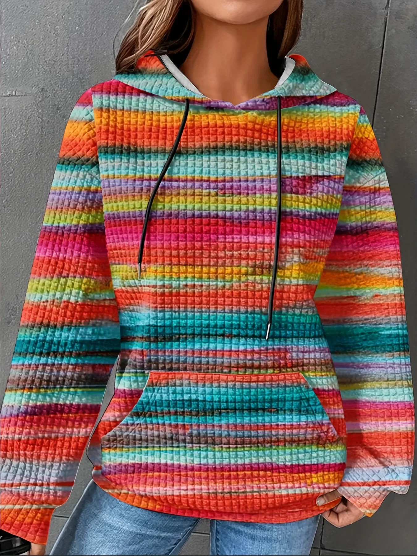 Womens Plus Size Striped Waffle Drawstring Hoodie Casual Long Sleeve Kangaroo Pocket Hooded Sweatshirt For FallWinter Clothing 260725BJ