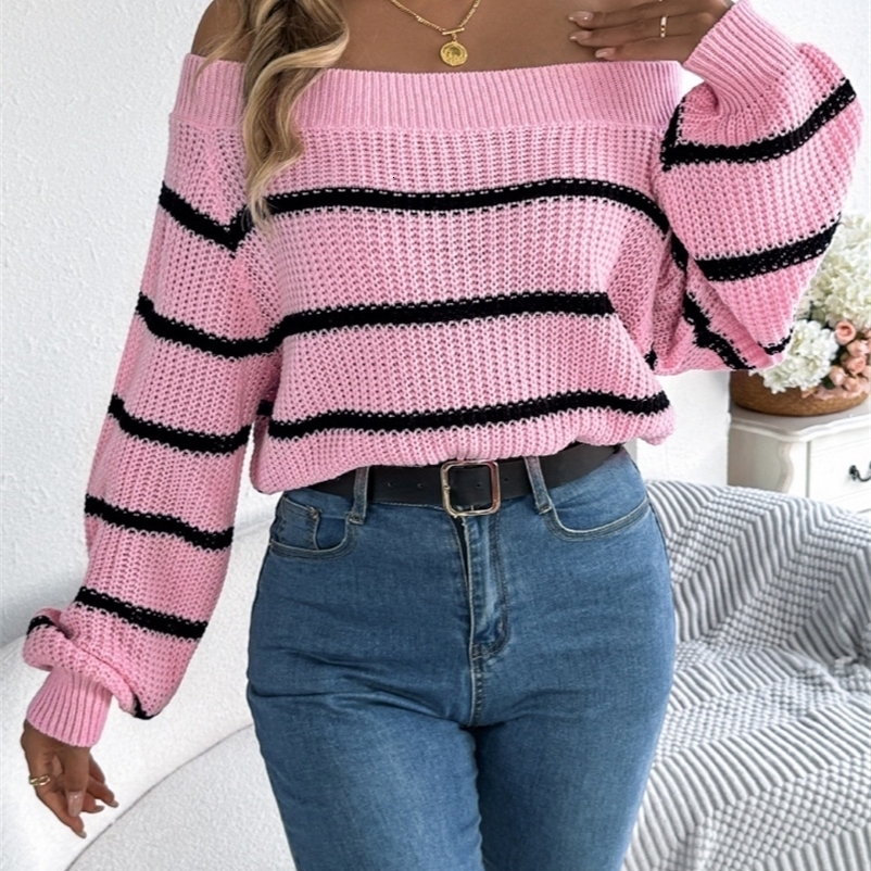 Autumn Winter Fashion Striped Sexy Off-the-shoulder Pullover Sweater Casual Lantern Long Sleeved Spell Color Sweaters Women 260723CJ
