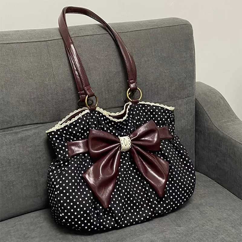Chic Polka Tote Casual Commuting Vintage Women Handbags Shoulder Versatile Large Capacity Dot Design Bow Sweet Bag X2607281
