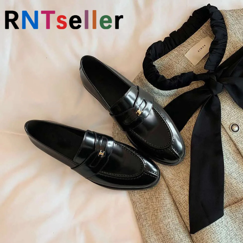 RNTseller Gold Buckle Slip On Lazy Black Loafers Designer Shoe Women British Style New Mode Small Leather Single Shoes