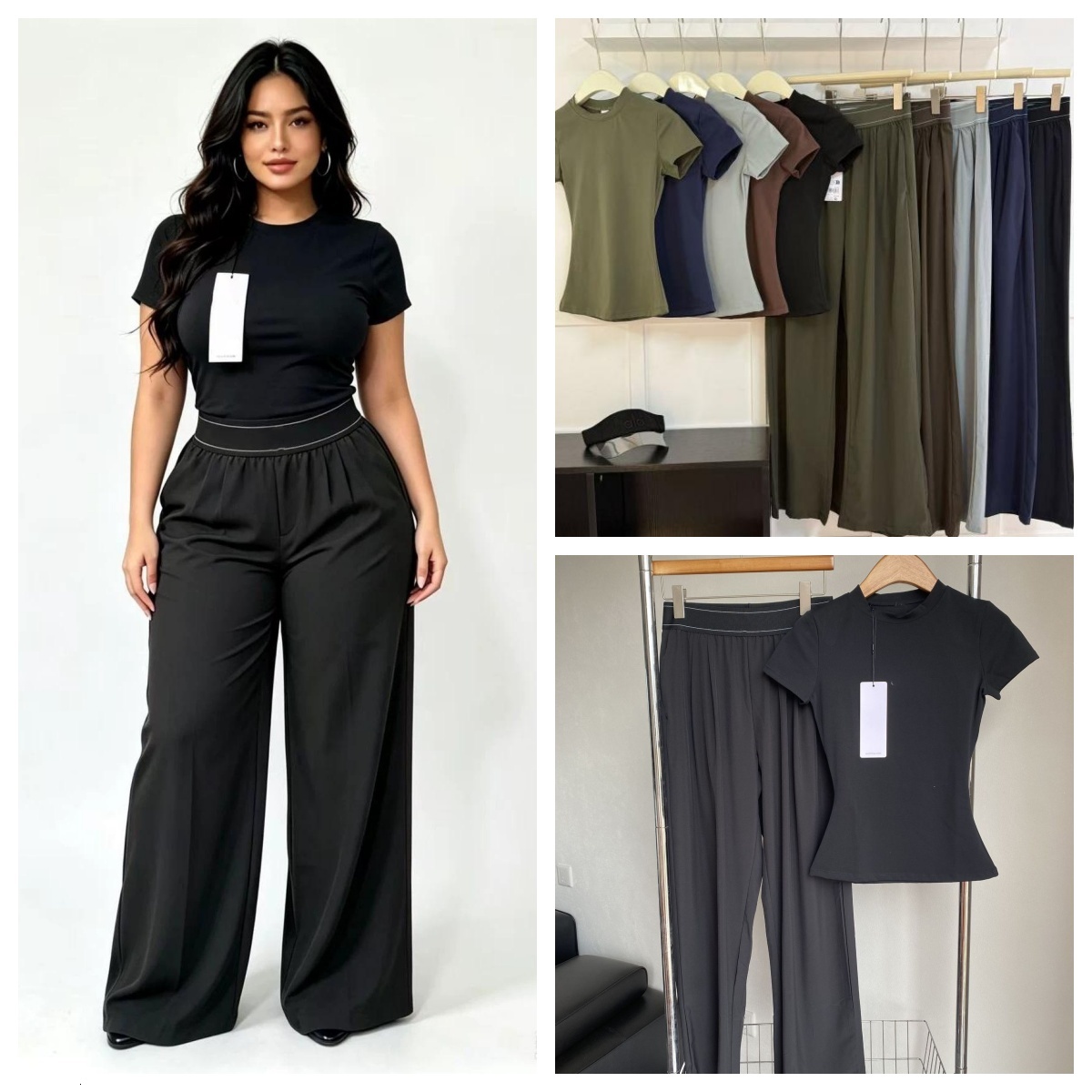 Designer Sets Women's Suit Up Trousers Black Long Wide Leg Anti Wrinkle Pants High Waist Sweatpants Quick Try T Shirts And Tank Tops Summer Sho