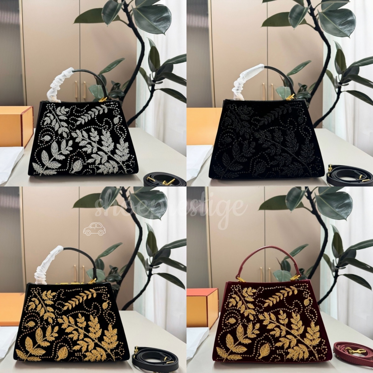 Designer Style High Quality Velvet Decorated Top Handle Bag Leaf Crystal Embroidery Shoulder Bag For Women Banquet Dating And Formal Occasions