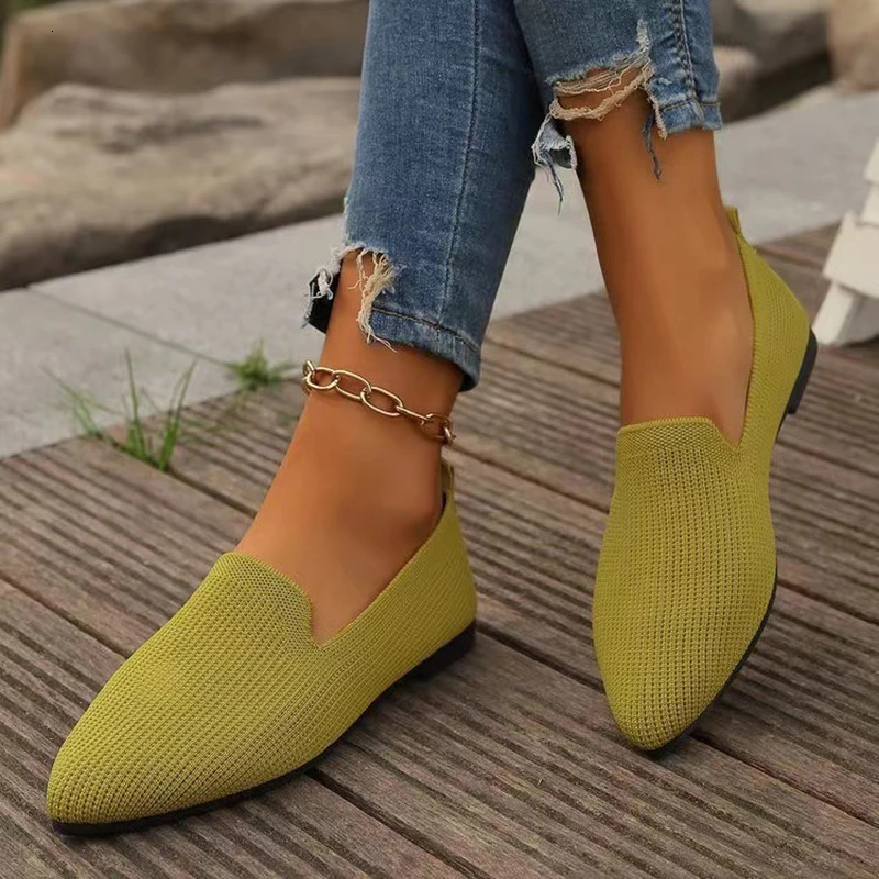 Womens Solid-Color Pointed-Toe Mesh Loafers Low-Cut Womens Shoes Soft-Sole Knit Ballet Flats Casual Slip-On Boat Shoes 260727