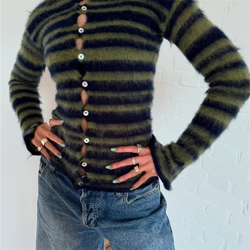 Fashion Japanese Y2k V-neck Striped Sweater Vintage Harajuku Slim Pullovers Korean Style Winter Knitwear 2000s Aesthetics 260723