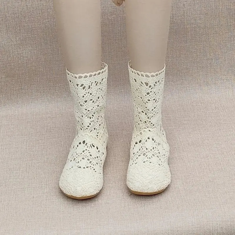 Spring Autumn Knitted Hollow Boots Flat Bottom Mesh Low Tube Breathable Fashion Lace Boots Womens Summer Shoes 260727