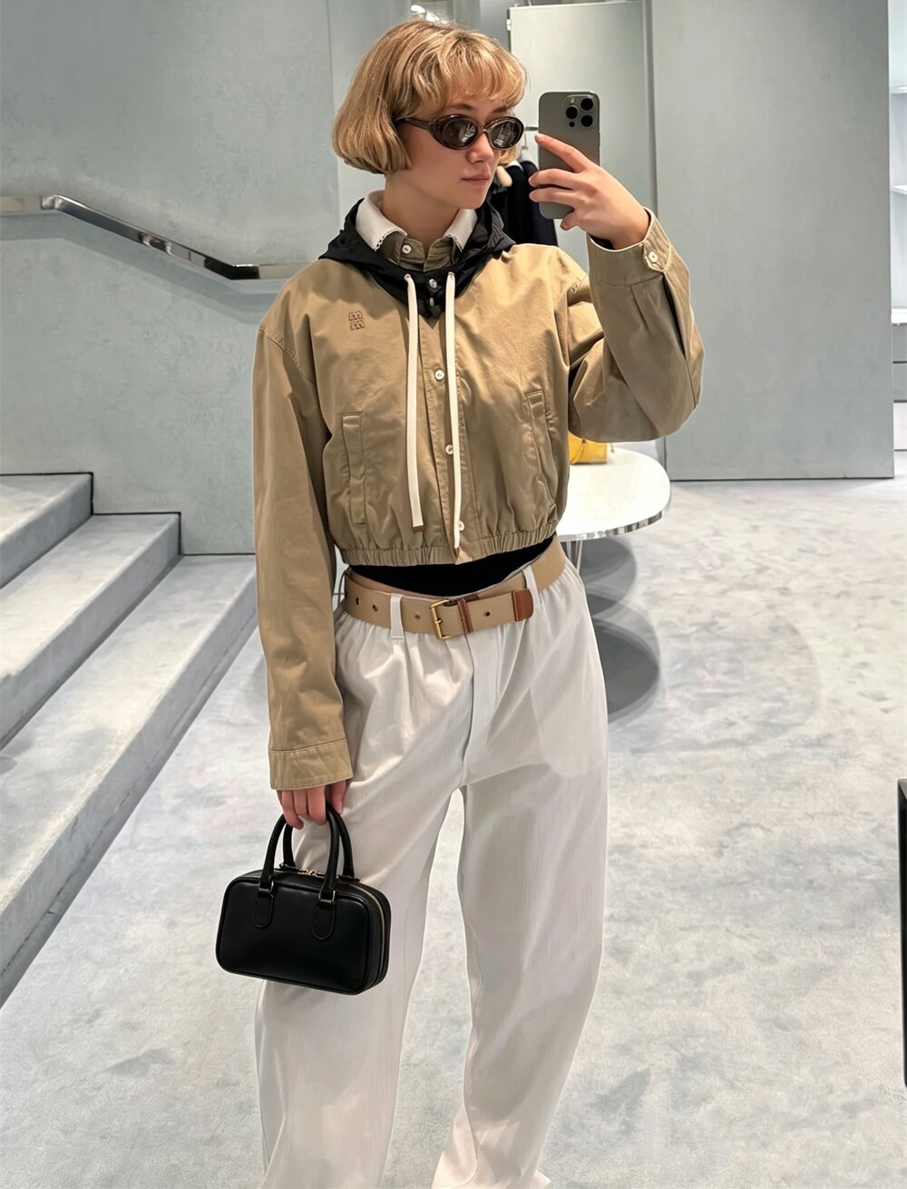 Zuhs Women Vintage Khaki Color Block Cargo Coat Casual Hood Short Coat Women Color Contrast Collar Ruched Hem Versatile Jacket T-Shirt