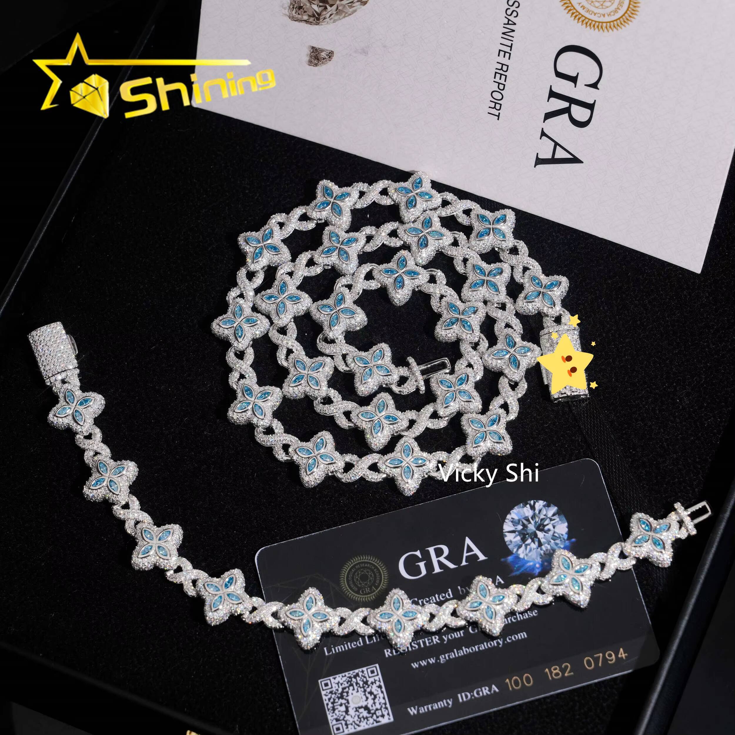 Popular Blue Color Clover Cuban Chain Moissanite Fine Jewelry Custom Iced Out 925 Silver Men Cuban Link Moissanite Necklace