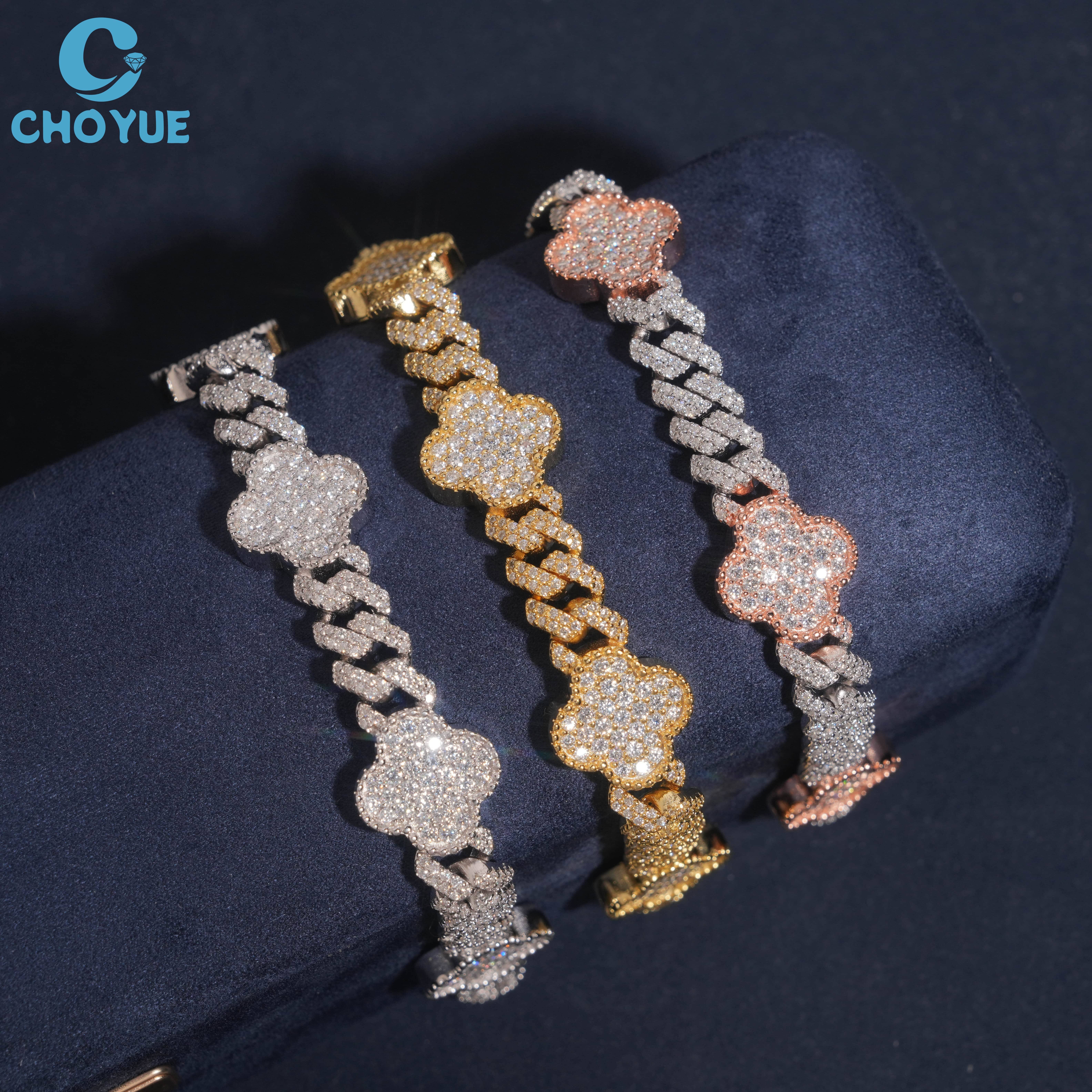 Wholesale 8MM Width Iced Party Jewelry Women's Cross Shape Moissanite 925 Silver Rhodium Plated GRA Certified Chain Bracelet