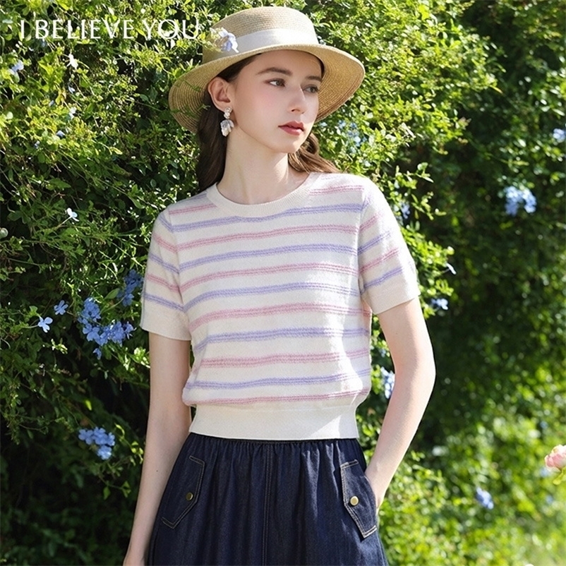 I BELIEVE YOU Womens Striped Jacquard Knit Pullovers 2026 Spring Ribbed Hem Gentle Elegant Tops For Women 2261146384 260723CJ