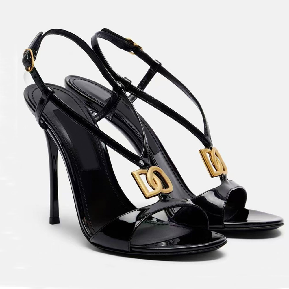 designer femmes noir en cuir verni talons aiguilles sandales boucle en métal décor T sangle Slingback cheville boucle talon aiguille robe de soir