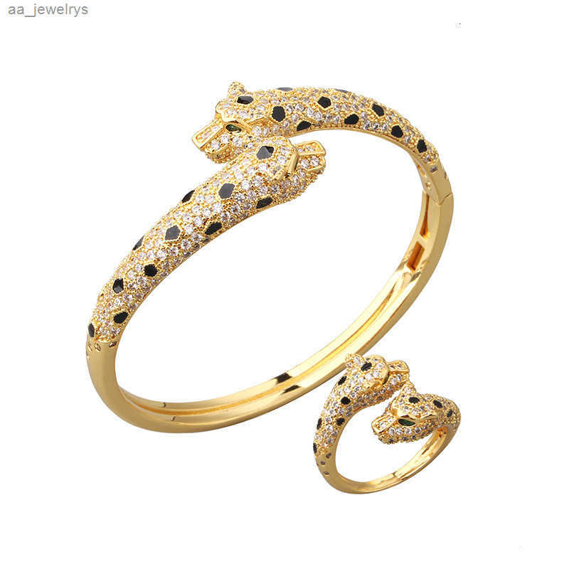 Trendy Full Diamond Double Head bracelet Ring High-end Light Fashion Luxury Silver Plated Leopard Bangle Bracelet