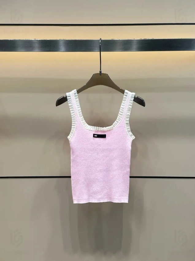 Miu style summer women's top. MM luxury designer sleeveless tank top in short length with embroidered design for women. Decorative tank top.