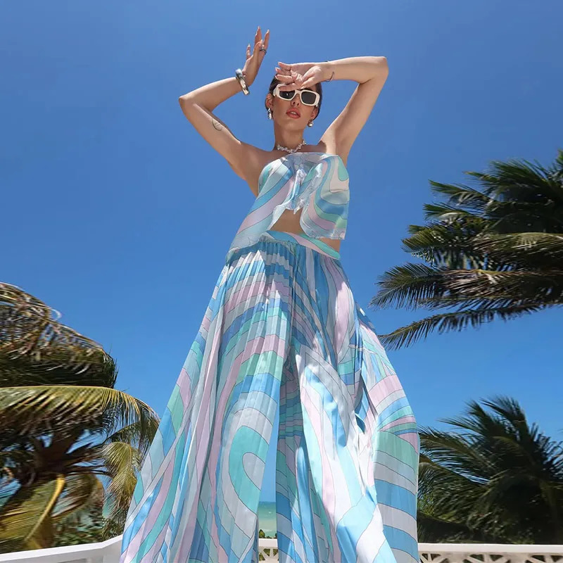 Printed Pattern Womens Two Piece Set Halter Sleeveless Cami Top High Waist Flowy Wide Leg Pants Fashion Satin Co Ord Set 2026 260727BJ