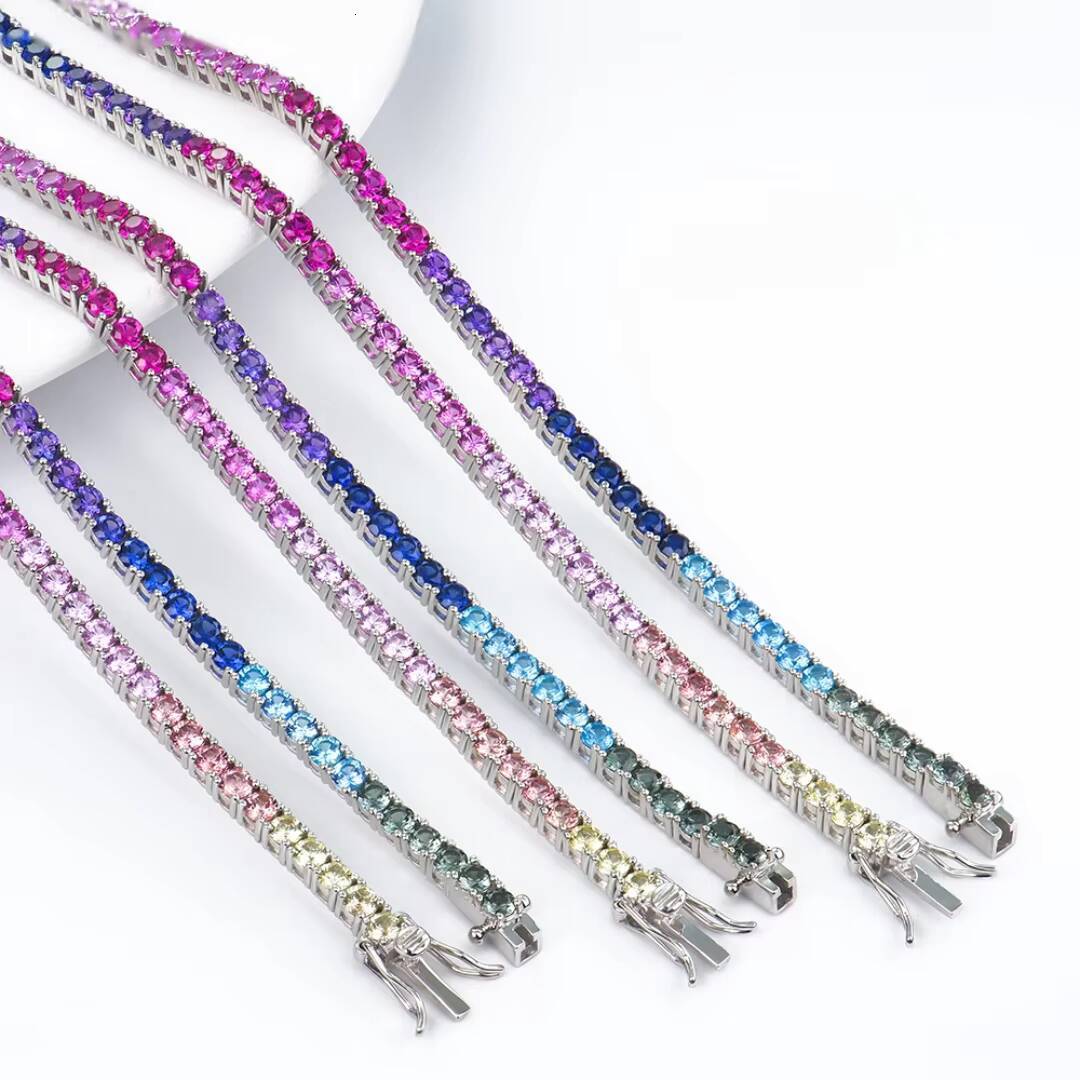 High Quality New Shiny 3mm Rainbow Color Rhodium Plated Sterling Silver Classic Tennis Moissanite Wedding Party Gift Certified